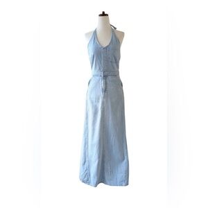 Universal Thread Halter Neck Denim Maxi Dress Pockets Light Wash Blue Sz 4